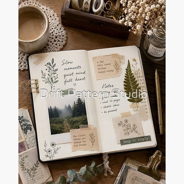 Slow Moments Quiet Mind Botanical Journal — vintage embroidered botanical herb illustration by Drift Pattern Studio