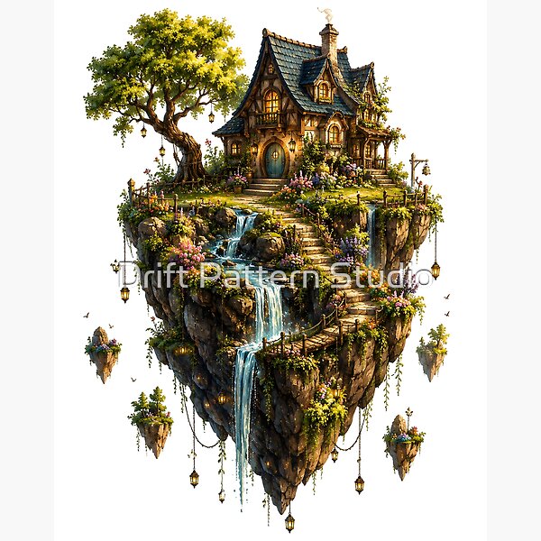 Enchanted Floating Cottage Waterfall Isle design by Drift Pattern Studio
