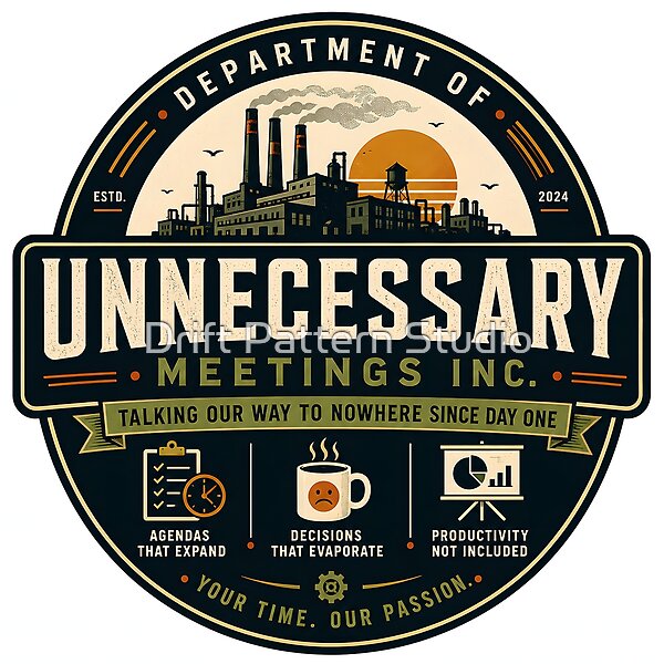 Unnecessary Meetings Inc. Office Humor Badge design by Drift Pattern Studio