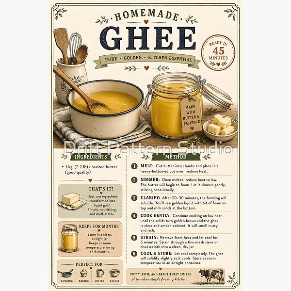 Homemade Ghee Recipe Instruction Card design by Drift Pattern Studio
