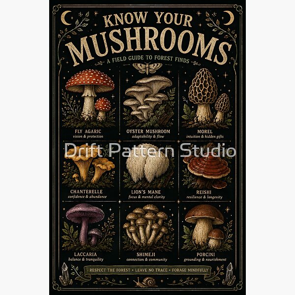 Know Your Mushrooms Forest Field Guide — vintage embroidered botanical herb illustration by Drift Pattern Studio