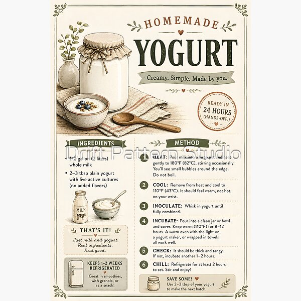 Homemade Yogurt Recipe Instruction Card design by Drift Pattern Studio
