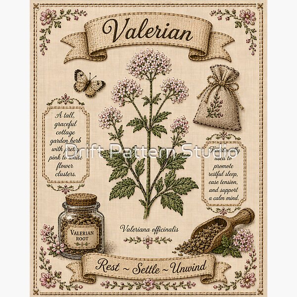 Valerian Vintage Embroidered Cottage Herbarium Poster design by Drift Pattern Studio