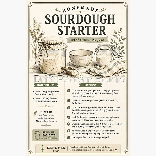 Homemade Sourdough Starter Recipe Card — illustrated homemade recipe kitchen chart by Drift Pattern Studio