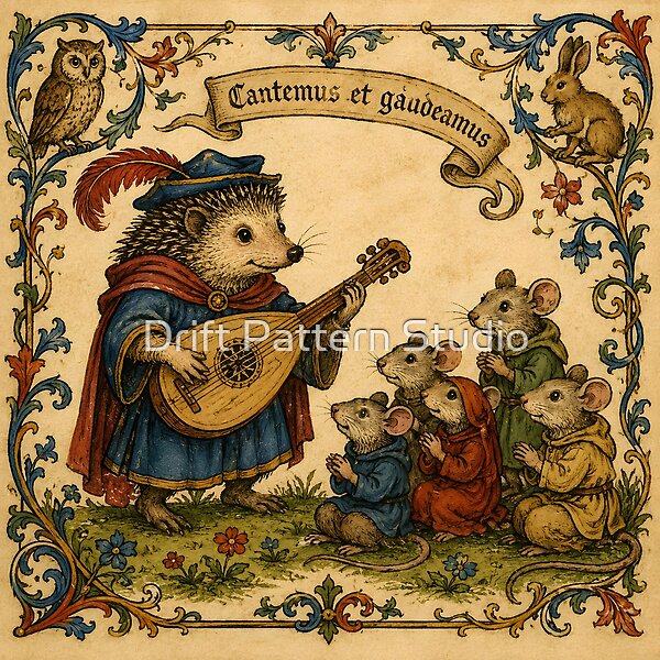 Hedgehog Minstrel Performing for Woodland Mice design by Drift Pattern Studio