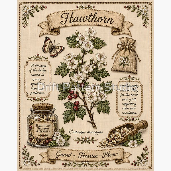 Hawthorn Blossom Vintage Embroidered Hedgerow Botanical design by Drift Pattern Studio