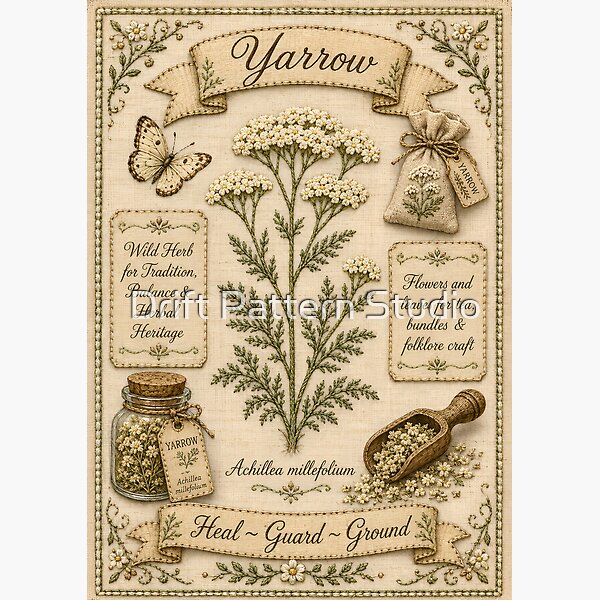Yarrow Vintage Embroidered Herbal Botanical Poster from the Embroidered Herbarium collection
