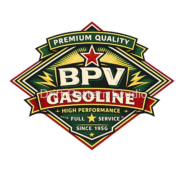 BPV Gasoline Vintage Fuel Badge — retro character mascot illustration by Drift Pattern Studio