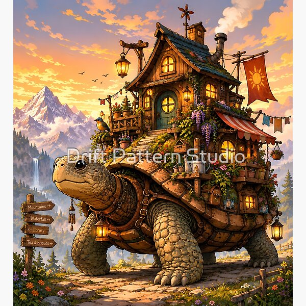 Cottage on a Wandering Giant Tortoise design by Drift Pattern Studio