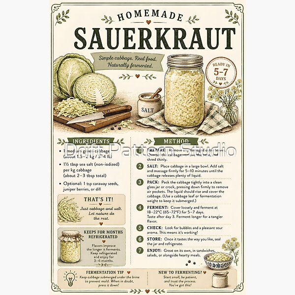 Homemade Sauerkraut Recipe Instruction Card design by Drift Pattern Studio