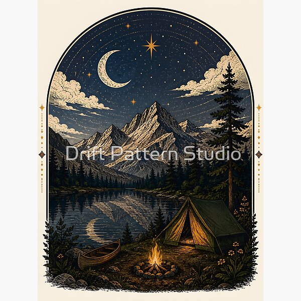 Starlit Mountain Lake Campsite Illustration design by Drift Pattern Studio