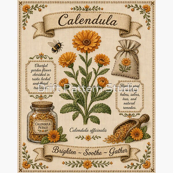 Calendula Vintage Embroidered Botanical Apothecary Art design by Drift Pattern Studio