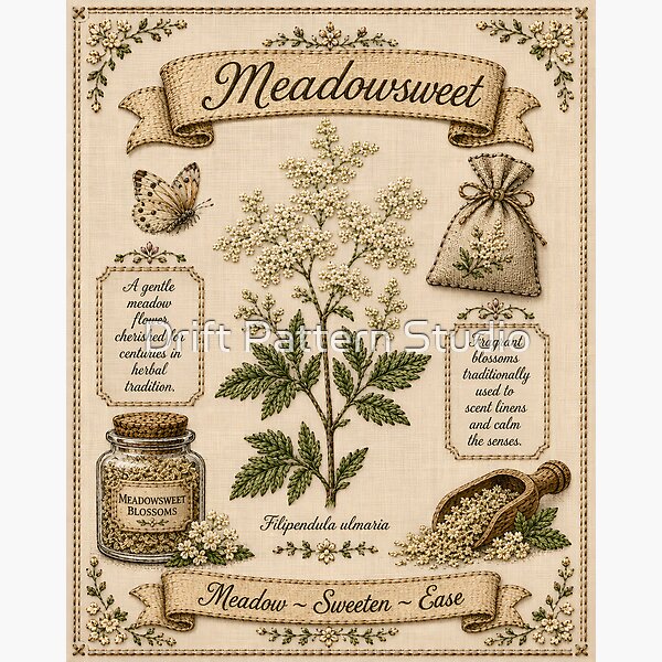 Meadowsweet Vintage Embroidered Meadow Botanical Art design by Drift Pattern Studio