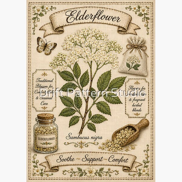 Elderflower Vintage Embroidered Botanical Herbarium design by Drift Pattern Studio