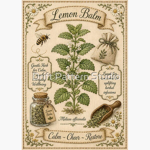 Lemon Balm Vintage Embroidered Herbarium Botanica design by Drift Pattern Studio