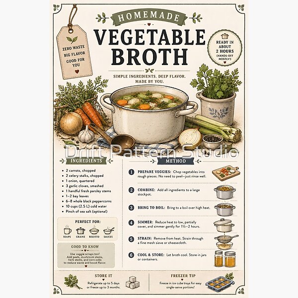 Homemade Vegetable Broth Recipe Illustration design by Drift Pattern Studio