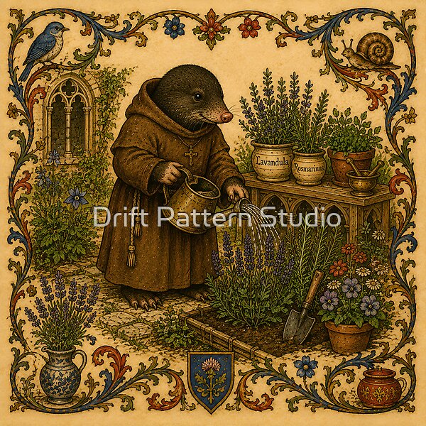 Medieval Mole Tending the Cloister Garden design by Drift Pattern Studio