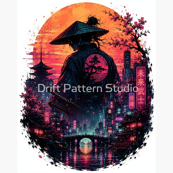 Neon City Samurai Sunset Warrior — dark fantasy and mythology artwork by Drift Pattern Studio