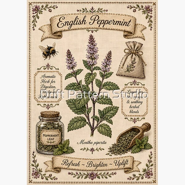 English Peppermint Vintage Embroidered Botanical Poster design by Drift Pattern Studio