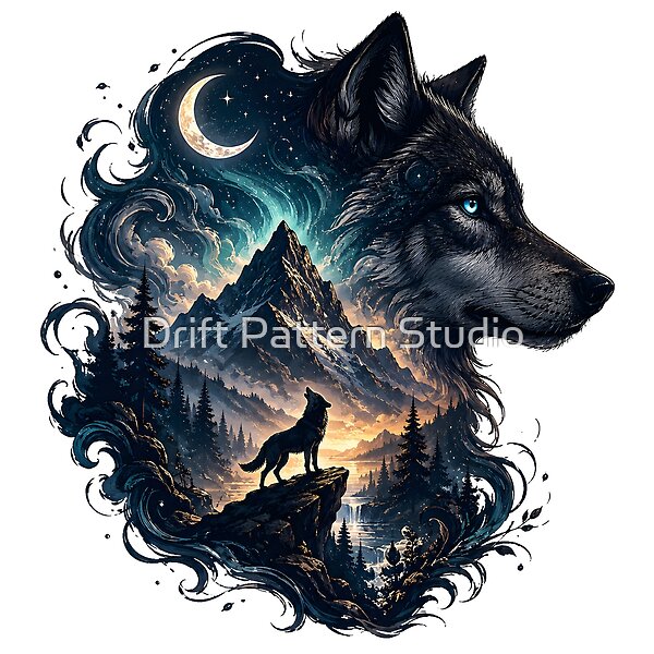 Wolf Head Mountain Night Portrait design by Drift Pattern Studio