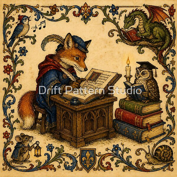 Fox Scribe and Owl Scholar Medieval Library design by Drift Pattern Studio