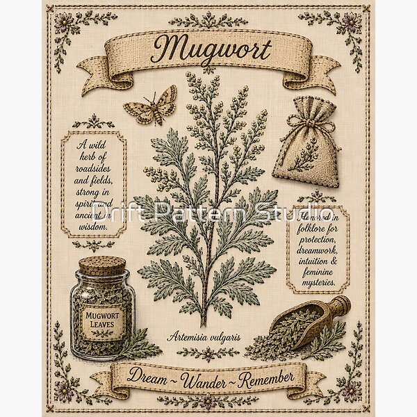 Mugwort Vintage Embroidered Folklore Herbarium Art design by Drift Pattern Studio