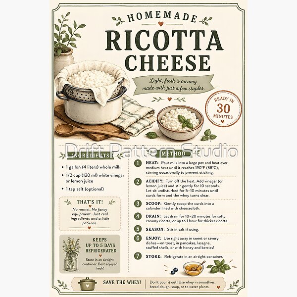 Homemade Ricotta Cheese Recipe Card — illustrated homemade recipe kitchen chart by Drift Pattern Studio