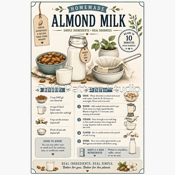 Homemade Almond Milk Recipe Illustration design by Drift Pattern Studio