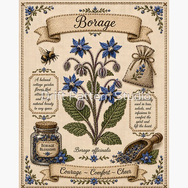 Blue Borage Vintage Embroidered Botanical Tapestry design by Drift Pattern Studio