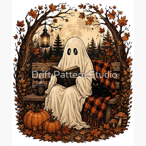 Cozy Ghost Reading on Autumn Bench design by Drift Pattern Studio
