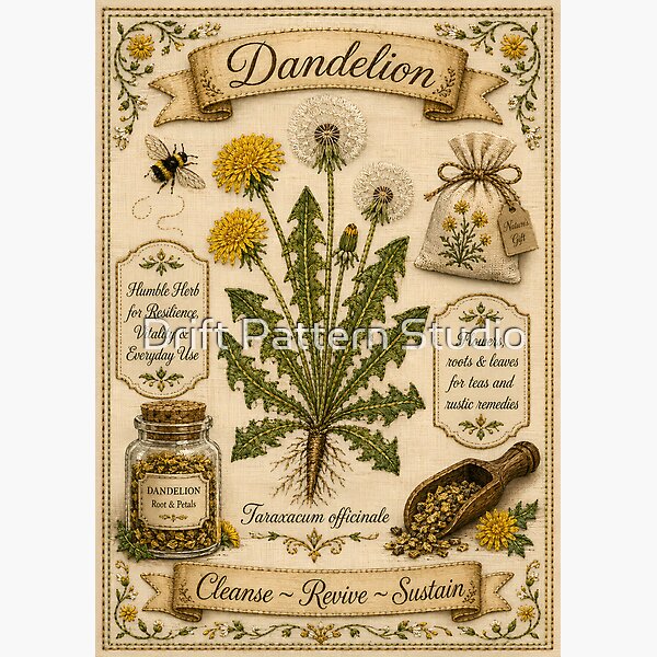Dandelion Vintage Embroidered Botanical Herbarium design by Drift Pattern Studio
