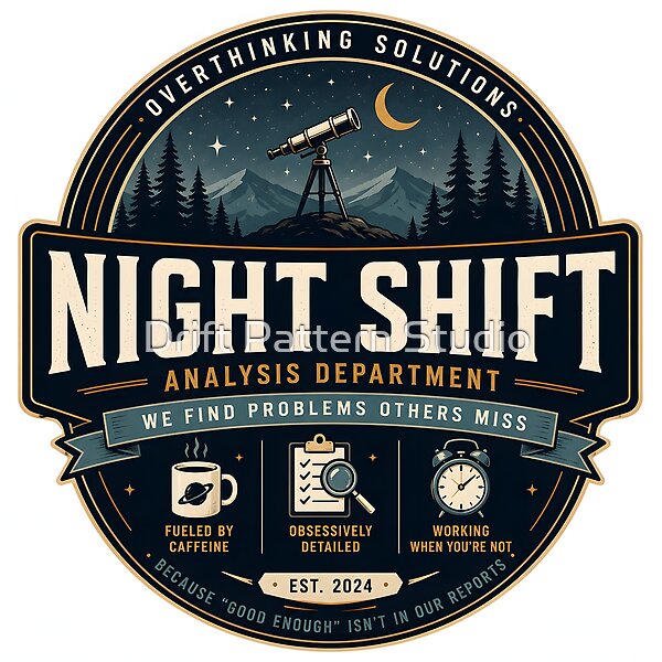 Night Shift Overthinking Analysis Badge design by Drift Pattern Studio