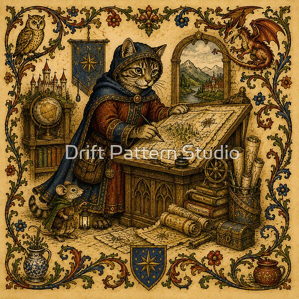 The Feline Cartographer’s Illuminated Atlas design by Drift Pattern Studio