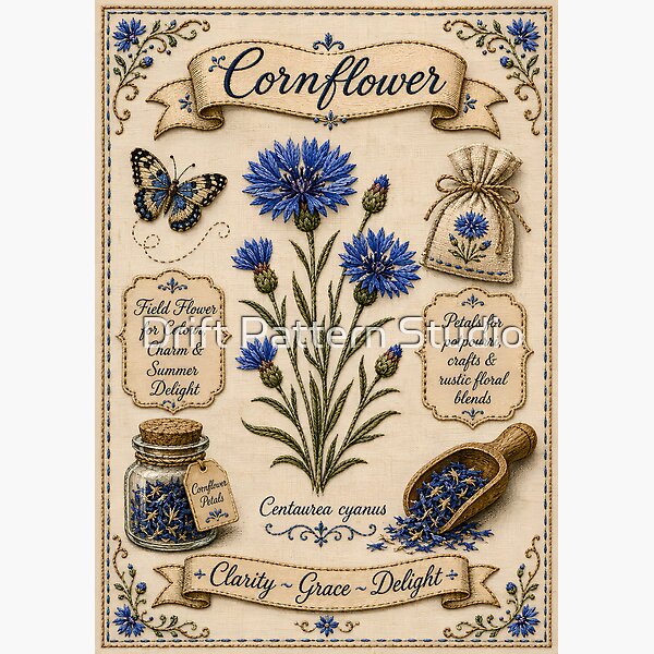 Blue Cornflower Embroidered Botanical Cottagecore Art from the Embroidered Herbarium collection