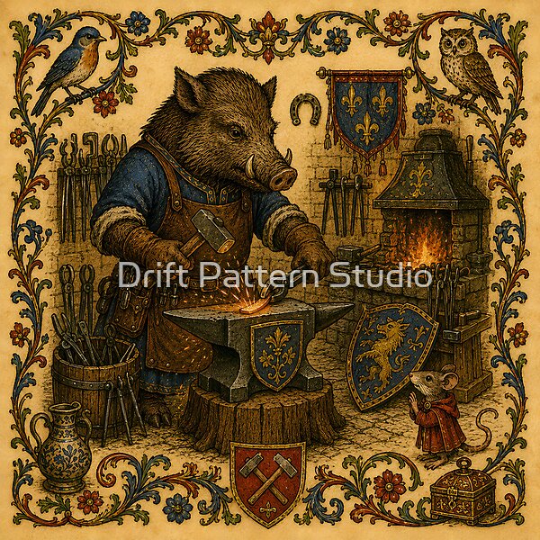 Medieval Boar Blacksmith at the Forge design by Drift Pattern Studio