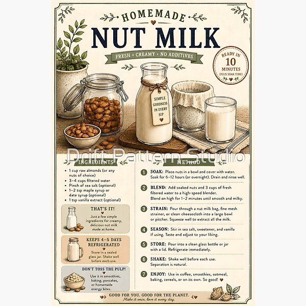 Homemade Nut Milk Recipe Instruction Card design by Drift Pattern Studio