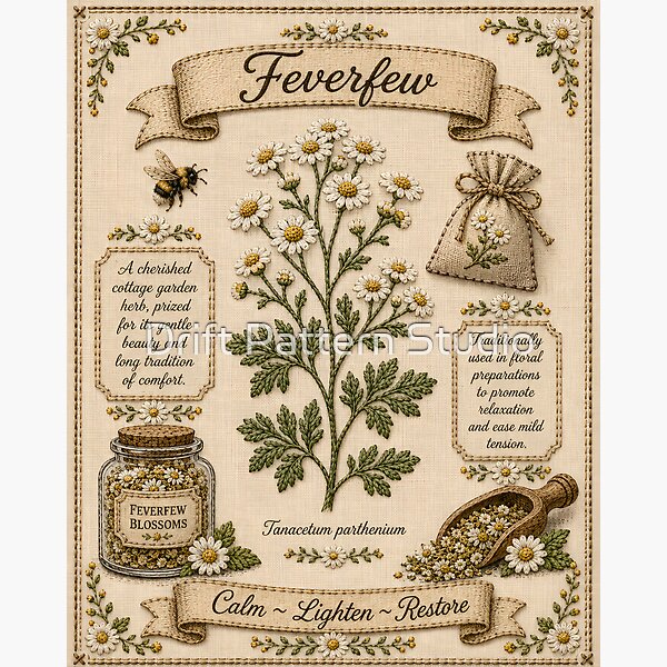 Feverfew Vintage Embroidered Cottage Garden Botanical design by Drift Pattern Studio