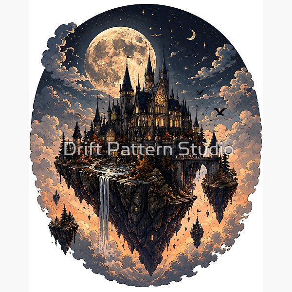 Floating Castle Island Moonlit Sky — retro character mascot illustration by Drift Pattern Studio