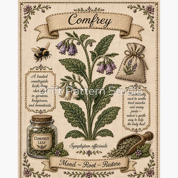 Comfrey Vintage Embroidered Countryside Herbarium design by Drift Pattern Studio