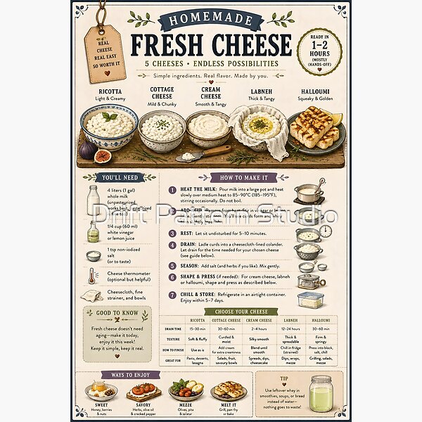 Homemade Fresh Cheese Five Ways Guide design by Drift Pattern Studio