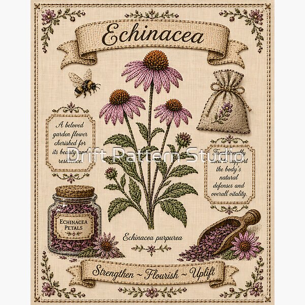 Echinacea Vintage Embroidered Herbal Botanical Poster design by Drift Pattern Studio