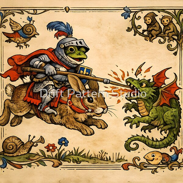 Frog Knight Riding Rabbit Versus Dragon design by Drift Pattern Studio