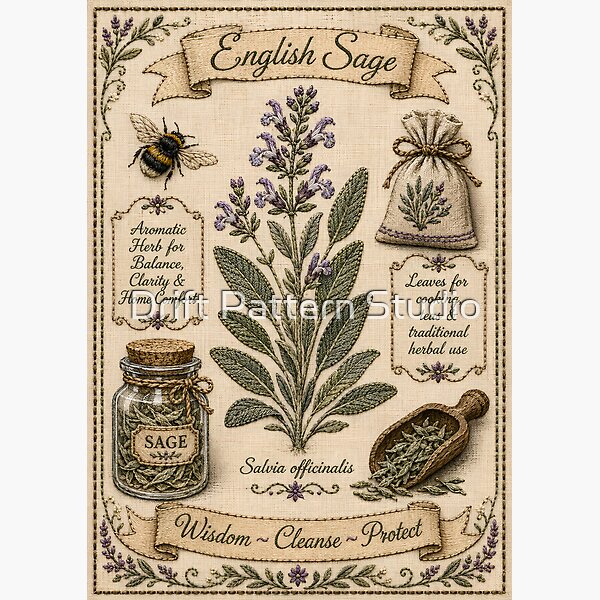 English Sage Embroidered Botanical Apothecary Art design by Drift Pattern Studio