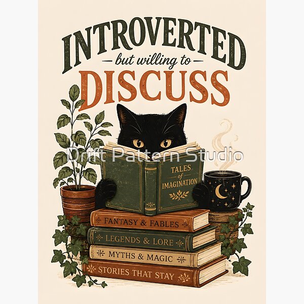 Introverted Black Cat Reading Books design by Drift Pattern Studio
