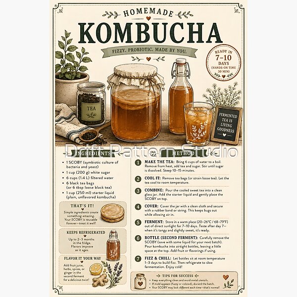 Homemade Kombucha Recipe Instruction Card design by Drift Pattern Studio