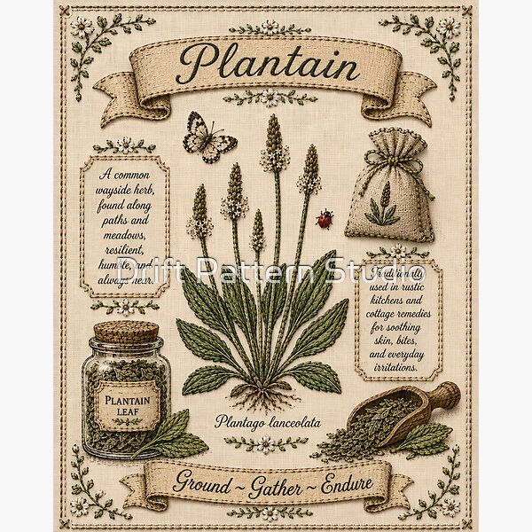 Ribwort Plantain Vintage Embroidered Herbal Botanical design by Drift Pattern Studio