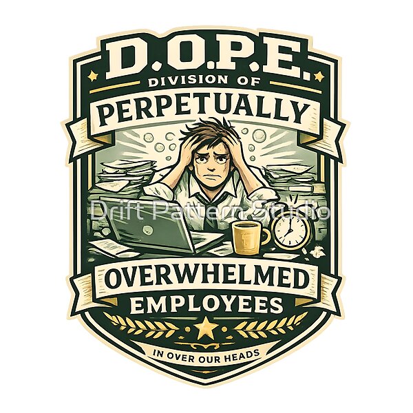 Division of Overwhelmed Employees Badge — funny office humour badge design by Drift Pattern Studio