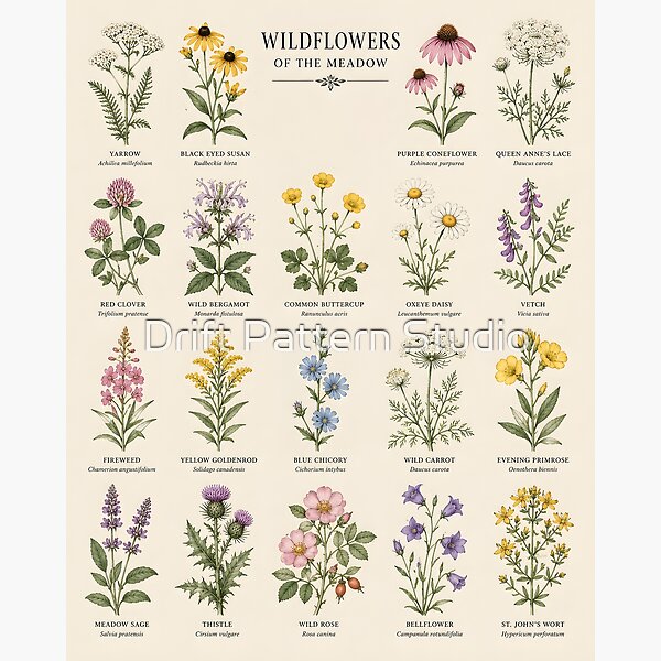 Wildflowers of the Meadow Botanical Chart — vintage embroidered botanical herb illustration by Drift Pattern Studio